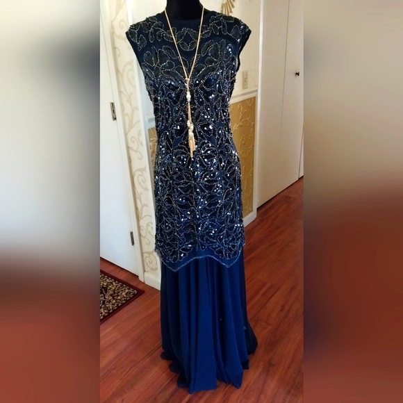 Adrianna Papell Navy Sequin Gown - Picture 3 of 10